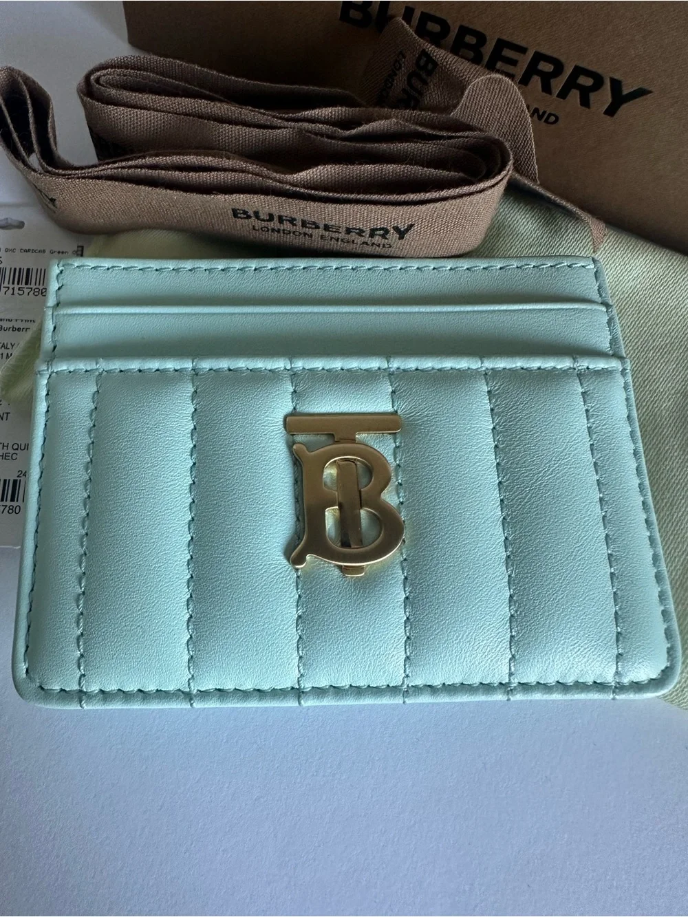 NWT Burberry Lola Cool Mint Quilted Leather TB Card Case Full Set